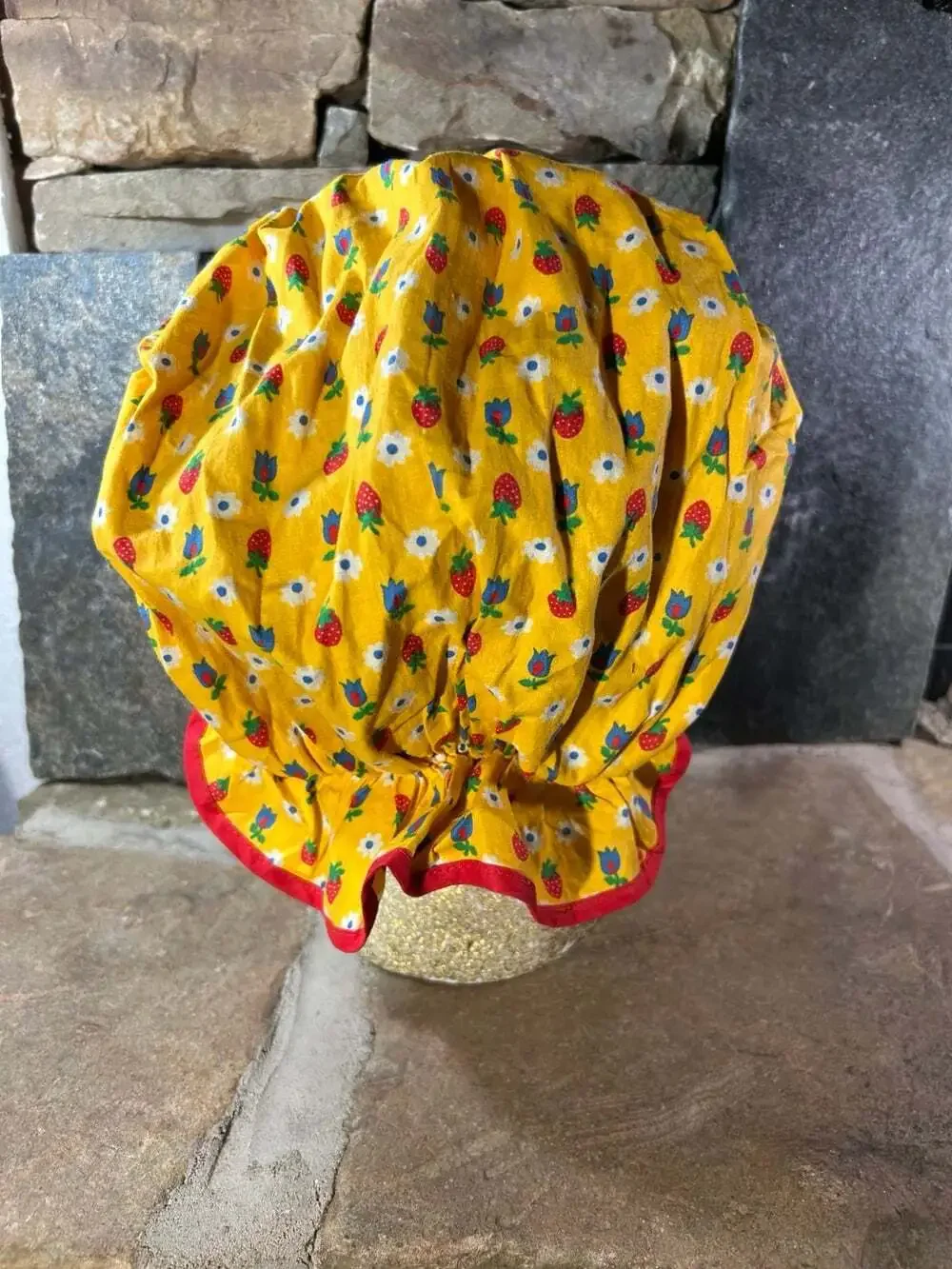 Strawberry and tulips Yellow with red trim adorable Prairie Bonnet costume small